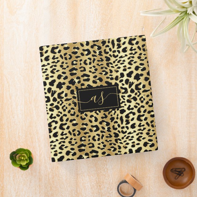 Metallic Gold Foil Black Leopard Print Monogrammed Binder (In Situ)