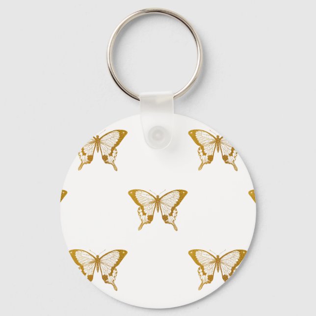 Metallic Gold Foil Butterflies on White Keychain (Front)