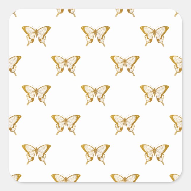 Metallic Gold Foil Butterflies on White Square Sticker (Front)