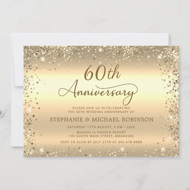  Metallic Gold Glitter 60th Wedding Anniversary Invitation (Front)