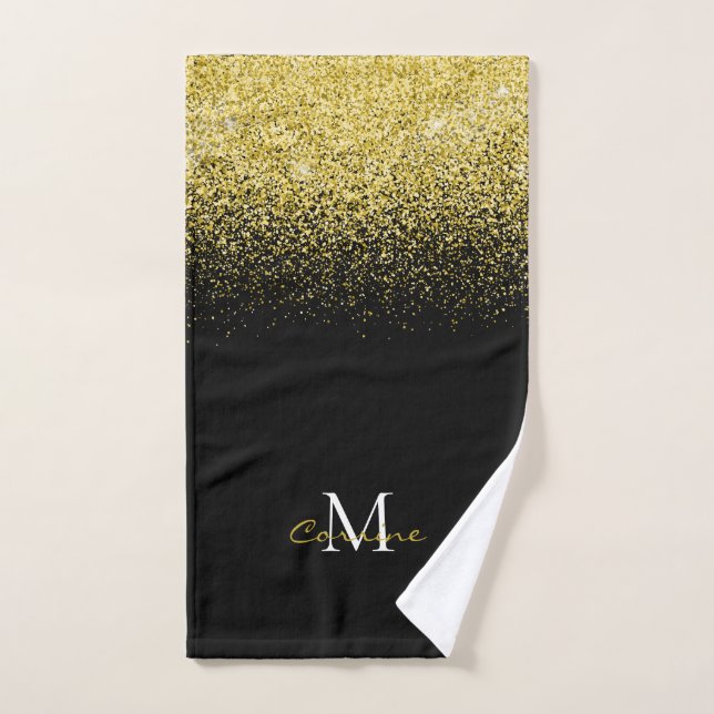 Metallic Gold Glitter Ombre on Black Monogrammed Bath Towel Set (Hand Towel)