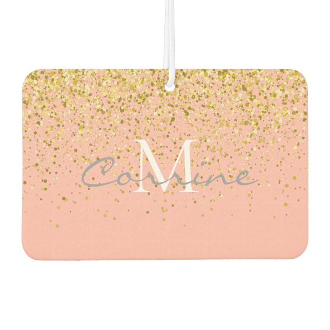 Metallic Gold Glitter Rain +Rose Quartz Monogram Air Freshener (Front)