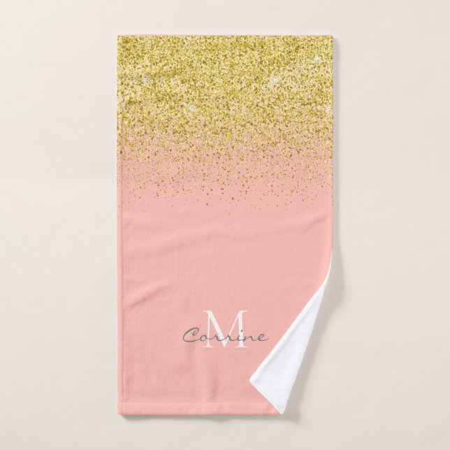 Metallic Gold Glitter Rain + Rose Quartz Monogram Bath Towel Set (Hand Towel)
