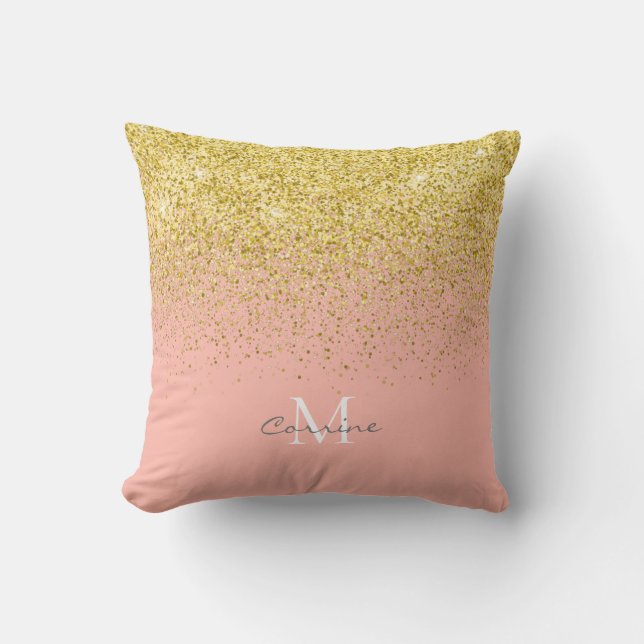 Metallic Gold Glitter Rain + Rose Quartz Monogram Throw Pillow (Front)