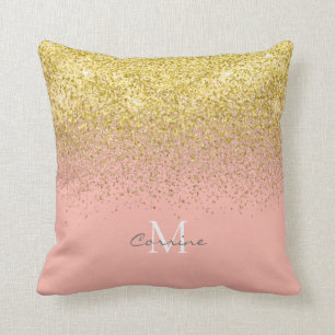 Metallic Gold Glitter Rain + Rose Quartz Monogram Throw Pillow