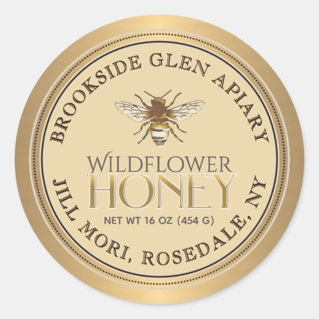 Metallic Gold Honey Label with Bee Dotted Border (Front)