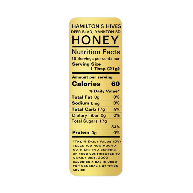 Metallic Gold Honey Nutrition Facts Return Address (Front)