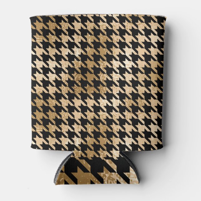 Metallic gold hounds tooth, fashion pattern. can cooler (Front)