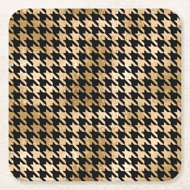 Metallic gold hounds tooth, fashion pattern. square paper coaster (Front)