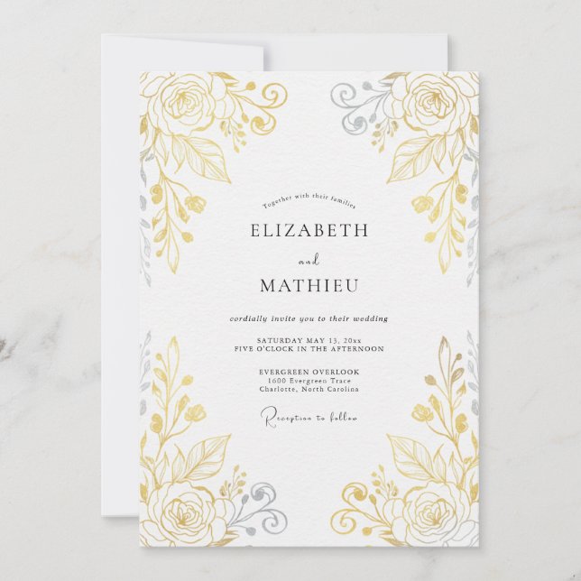 Metallic Gold Leafy Wedding Invitation (Front)