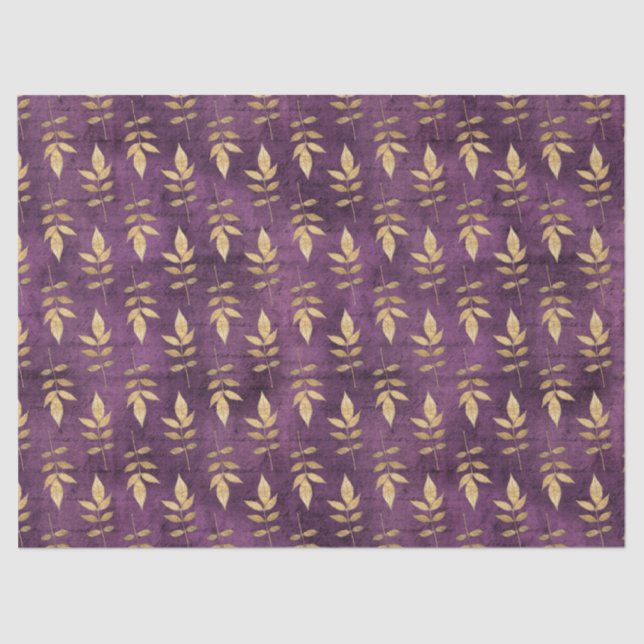 Metallic Gold Leaves on Purple Decoupage Tissue Paper (Front)
