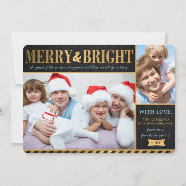Metallic Gold Merry and Bright Holiday Card (Front)
