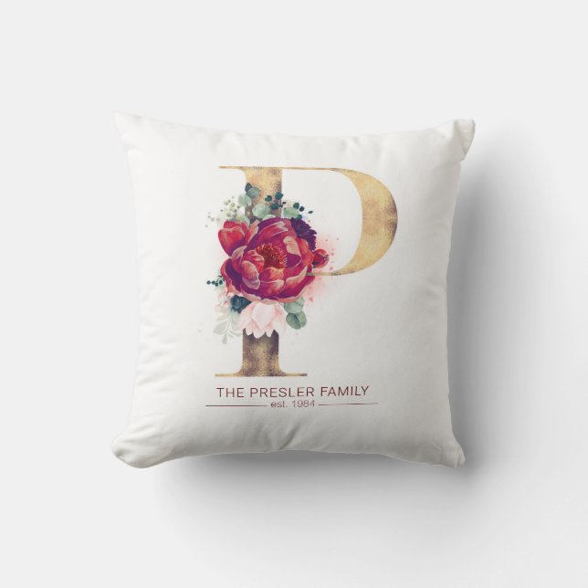 Metallic Gold P Monogram Floral Burgundy Red Throw Pillow (Front)