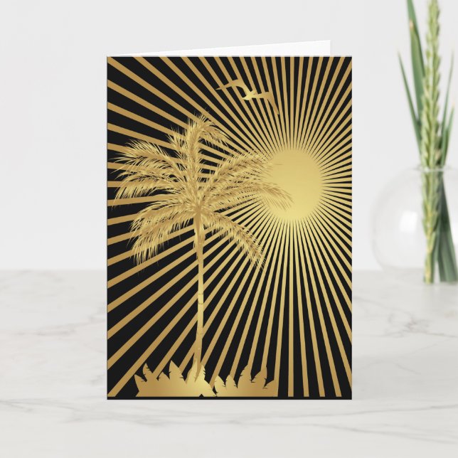 Metallic gold palm tree and sun greeting card (Front)