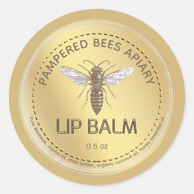 Metallic Gold Queen Bee Embossed Text Lip Balm  Classic Round Sticker (Front)