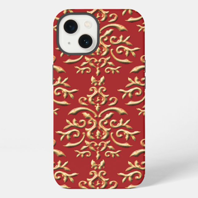 Metallic Gold Red Damask Pattern iPhone Case (Back)