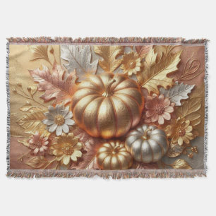 Metallic Gold Rose Gold Pumpkin Fall Leaves Foil Throw Blanket