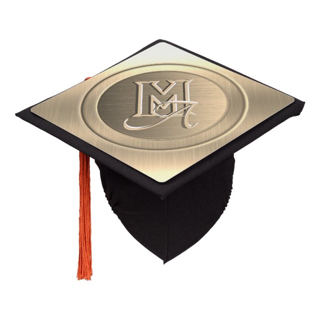 Metallic Gold Steel Engraved Monogram Graduation Cap Topper (Angled)
