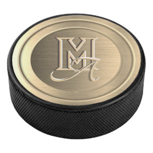 Metallic Gold Steel Engraved Monogram Hockey Puck