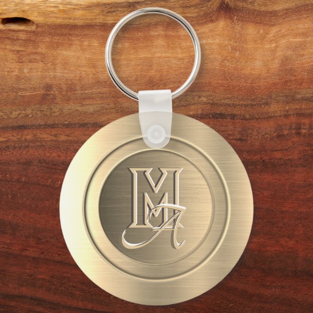 Metallic Gold Steel Engraved Monogram Keychain (Back)