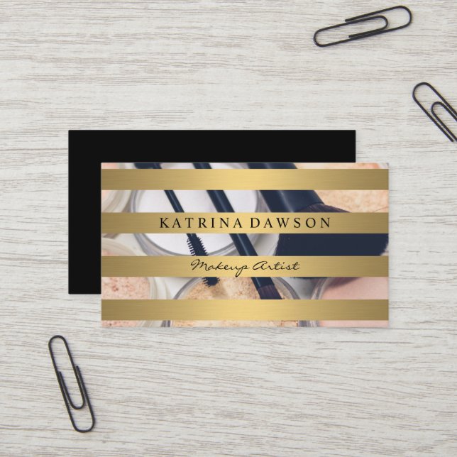 Metallic Gold Stripes Makeup Brushes Foundation Business Card (Front/Back In Situ)