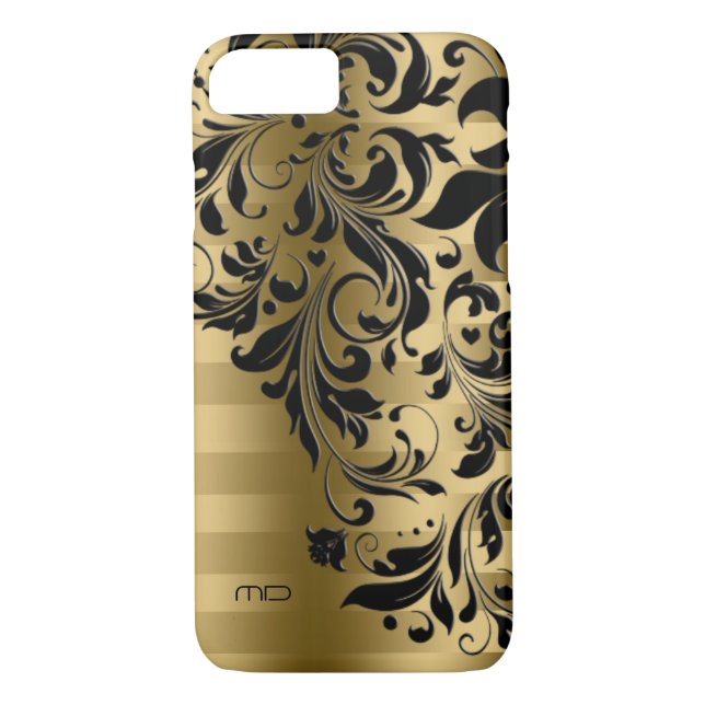 Metallic Gold Stripes Pattern & Black Lace Case-Mate iPhone Case (Back)