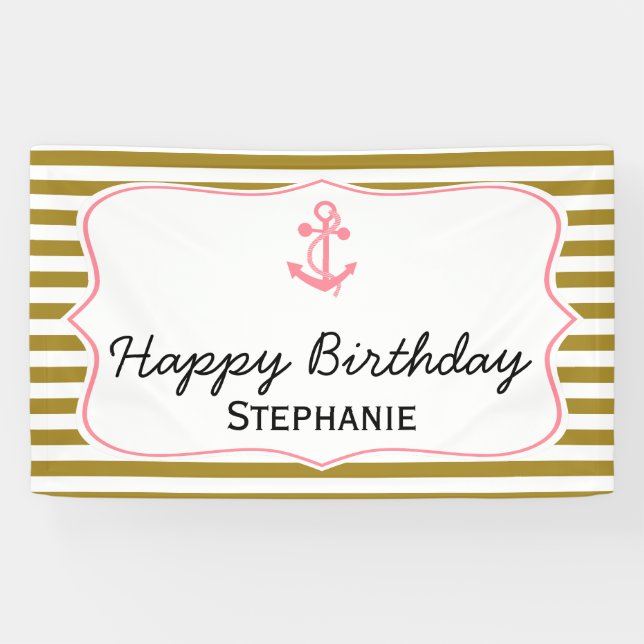 Metallic Gold Stripes with Pink Anchor Birthday Banner (Horizontal)