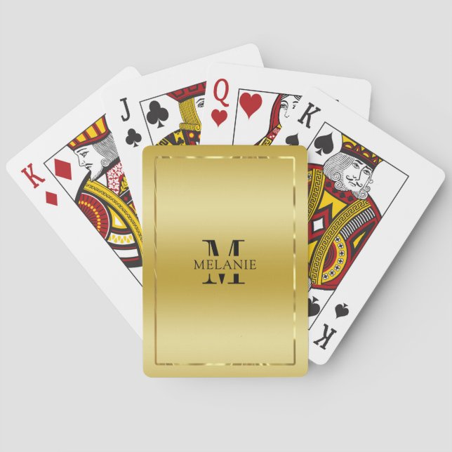 Metallic Gold Texture Shiny Border Monogram Playing Cards (Back)