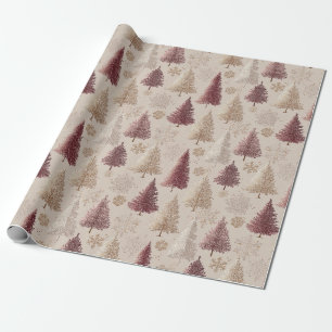 Metallic Gold Trees and Burgundy Christmas Forest Wrapping Paper