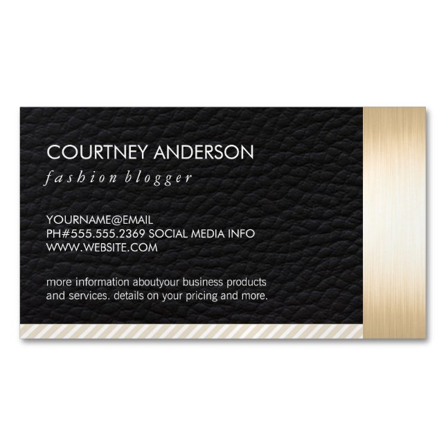 Metallic Gold Trim and Leather with Stripes Magnetic Business Card (Front)