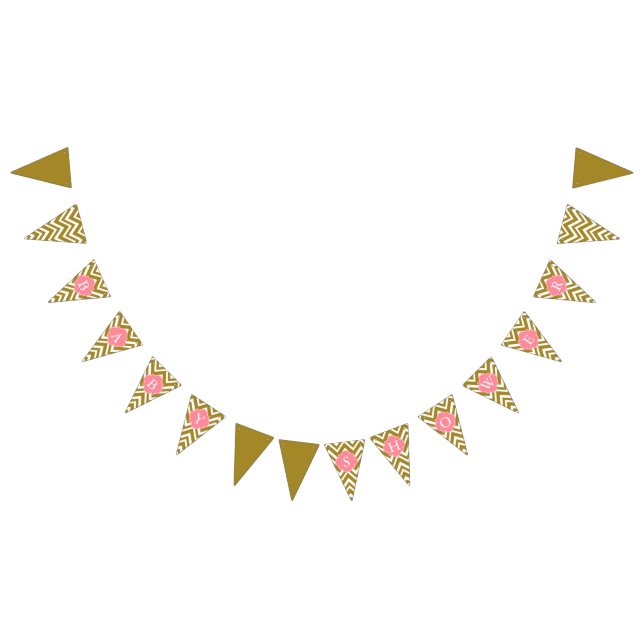 Metallic Gold, White and Pink Chevron Baby Shower Bunting Flags (All)