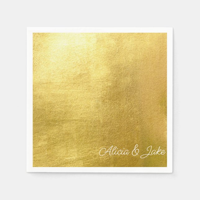 Metallic Gold White Script Names Wedding Napkin (Front)