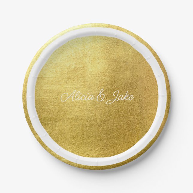 Metallic Gold White Script Names Wedding Paper Plate (Front)