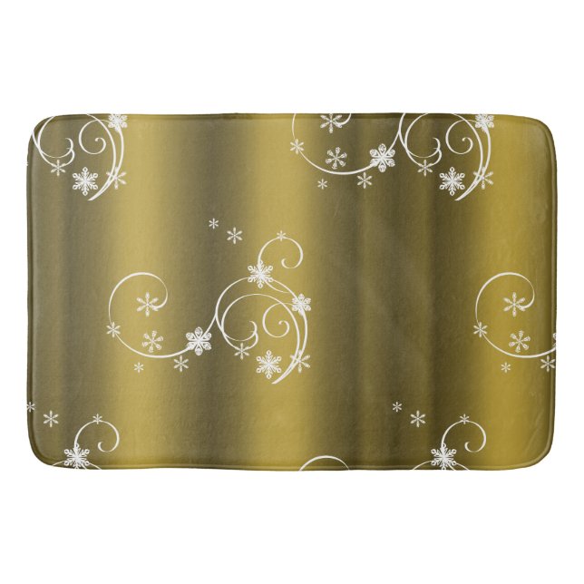 Metallic Gold, White Swirls Christmas Bath Mat (Front)