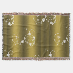 Metallic Gold, White Swirls Christmas Throw Blanket