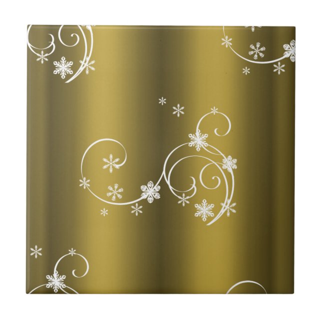 Metallic Gold, White Swirls Christmas Tile (Front)
