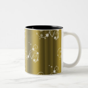 Metallic Gold, White Swirls Christmas Two-Tone Coffee Mug