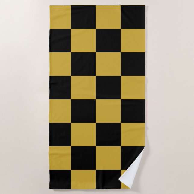 Metallic Gold with Black Square Style Pattern Beach Towel (Front)
