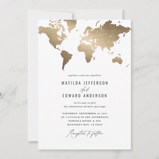 Metallic gold world map wedding travel (Front)