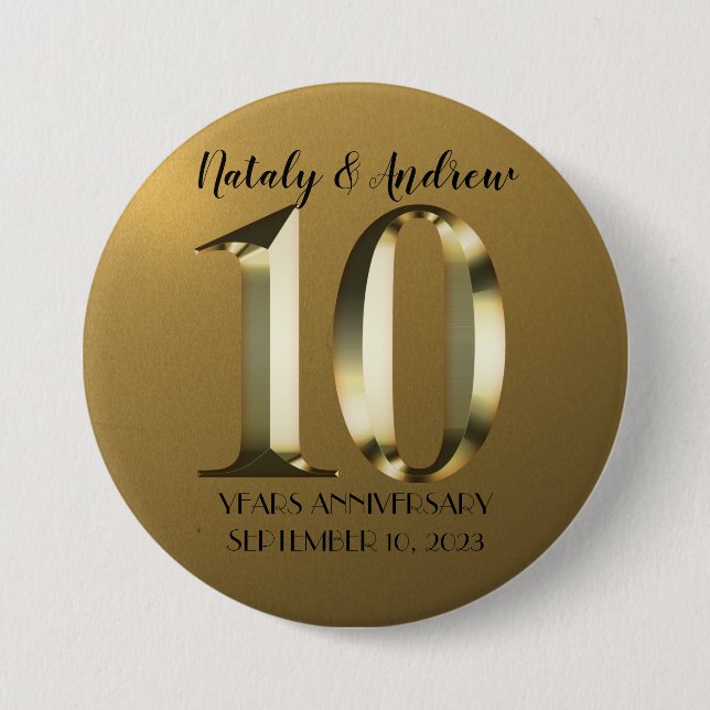 Metallic golden 10th Wedding 3 Inch Round Button (Front)