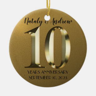 Metallic golden 10th Wedding Ceramic Ornament