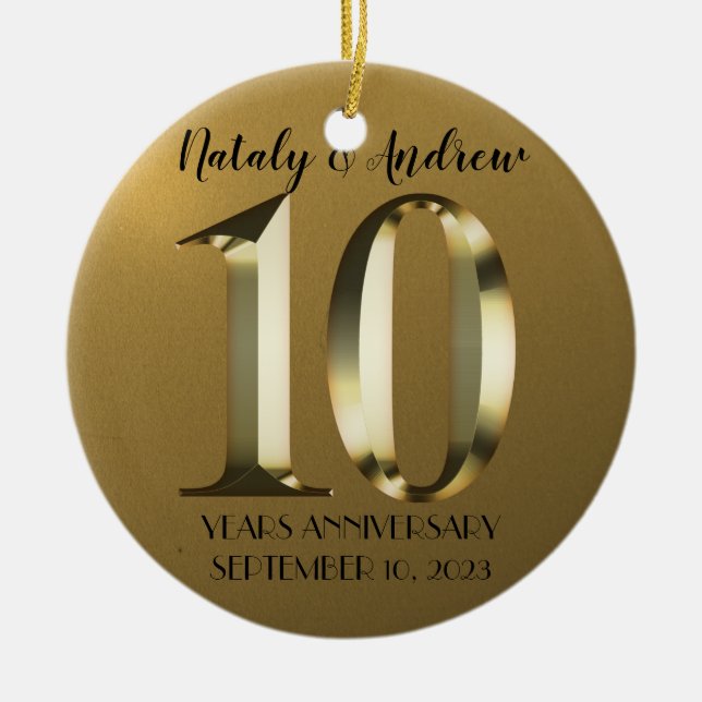 Metallic golden 10th Wedding Ceramic Ornament (Front)