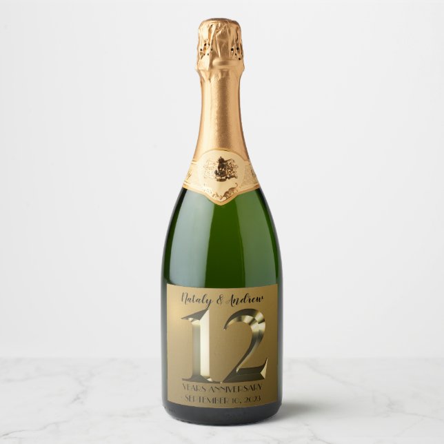 Metallic golden 12th Wedding Anniversary Sparkling Wine Label (Front)