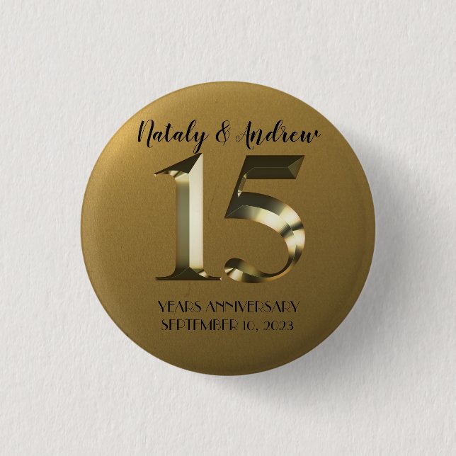 Metallic golden 15th Wedding Anniversary 1 Inch Round Button (Front)