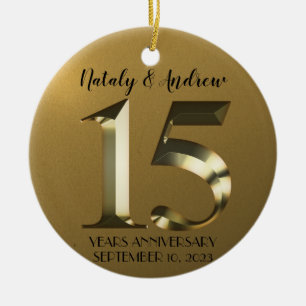 Metallic golden 15th Wedding Anniversary Ceramic Ornament