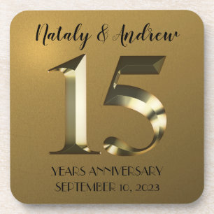 Metallic golden 15th Wedding Anniversary Coaster