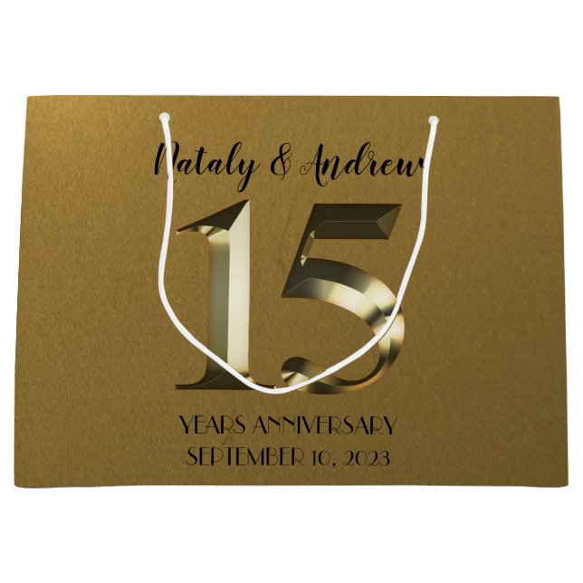 Metallic golden 15th Wedding Anniversary Large Gift Bag (Front)