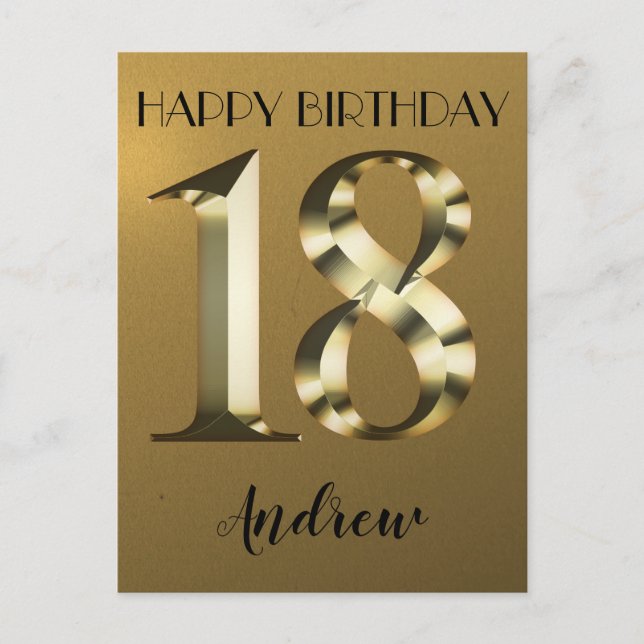 Metallic golden 18th birthday postcard (Front)