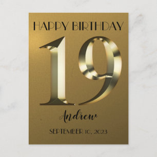 Metallic golden 19th birthday postcard