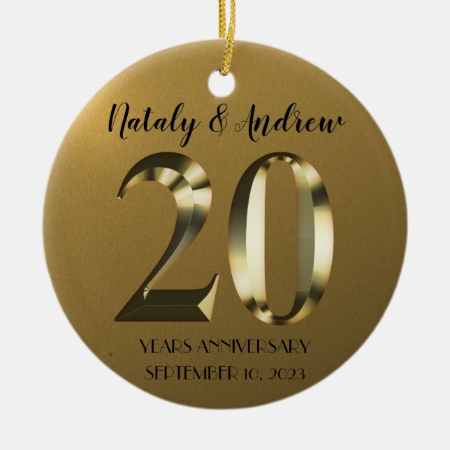 Metallic golden 20th Wedding Anniversary Ceramic Ornament (Front)